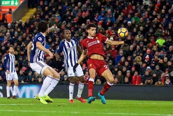 LIVERPOOL, ENGLAND - Wednesday, December 13, 2017: Liverpool's Dominic Solanke 'scores' but sees his goal ruled out for hand ball during the FA Premier League match between Liverpool and West Bromwich Albion at Anfield. (Pic by David Rawcliffe/Propaganda)