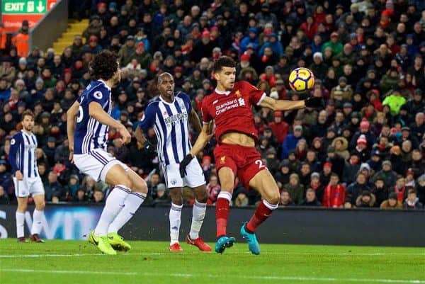 LIVERPOOL, ENGLAND - Wednesday, December 13, 2017: Liverpool's Dominic Solanke 'scores' but sees his goal ruled out for hand ball during the FA Premier League match between Liverpool and West Bromwich Albion at Anfield. (Pic by David Rawcliffe/Propaganda)