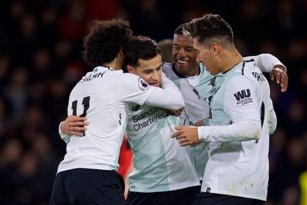 BOURNEMOUTH, ENGLAND - Sunday, December 17, 2017: Liverpool's Philippe Coutinho Correia celebrates scoring the first goal with team-mates during the FA Premier League match between AFC Bournemouth and Liverpool at the Vitality Stadium. (Pic by David Rawcliffe/Propaganda)