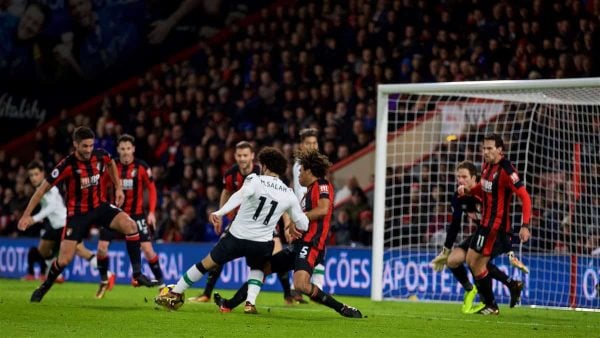 BOURNEMOUTH, ENGLAND - Sunday, December 17, 2017: Liverpool's Mohamed Salah scores the third goal during the FA Premier League match between AFC Bournemouth and Liverpool at the Vitality Stadium. (Pic by David Rawcliffe/Propaganda)