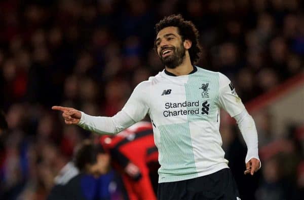 BOURNEMOUTH, ENGLAND - Sunday, December 17, 2017: Liverpool's Mohamed Salah celebrates scoring the third goal during the FA Premier League match between AFC Bournemouth and Liverpool at the Vitality Stadium. (Pic by David Rawcliffe/Propaganda)