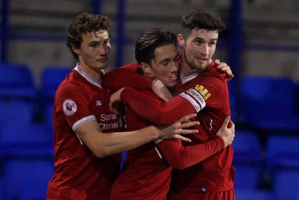 BIRKENHEAD, ENGLAND - Tuesday, December 19, 2017: Liverpool's Harry Wilson celebrates scoring the second goal with team-mate captain Cory Whelan [R] and Matthew Virtue [L] during the Under-23 FA Premier League International Cup Group A match between Liverpool and PSV Eindhoven at Prenton Park. (Pic by David Rawcliffe/Propaganda)