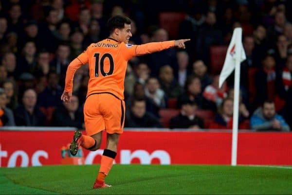 LONDON, ENGLAND - Friday, December 22, 2017: Liverpool's Philippe Coutinho Correia celebrates scoring the first goal during the FA Premier League match between Arsenal and Liverpool at the Emirates Stadium. (Pic by David Rawcliffe/Propaganda)