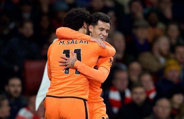 LONDON, ENGLAND - Friday, December 22, 2017: Liverpool's Philippe Coutinho Correia celebrates scoring the first goal with team-mate Mohamed Salah during the FA Premier League match between Arsenal and Liverpool at the Emirates Stadium. (Pic by David Rawcliffe/Propaganda)