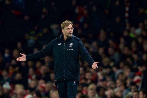 LONDON, ENGLAND - Friday, December 22, 2017: Liverpool's manager J¸rgen Klopp reeacts during the FA Premier League match between Arsenal and Liverpool at the Emirates Stadium. (Pic by David Rawcliffe/Propaganda)