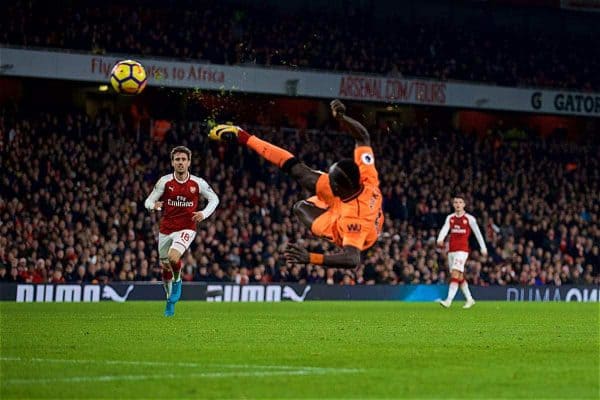 LONDON, ENGLAND - Friday, December 22, 2017: Liverpool's Sadio Mane misses a chance with an overhead kick during the FA Premier League match between Arsenal and Liverpool at the Emirates Stadium. (Pic by David Rawcliffe/Propaganda)