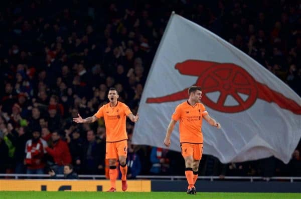 LONDON, ENGLAND - Friday, December 22, 2017: Liverpool's Dejan Lovren looks dejected as Arsenal score the third goal to take the lead 3-2 during the FA Premier League match between Arsenal and Liverpool at the Emirates Stadium. (Pic by David Rawcliffe/Propaganda)