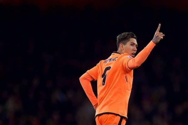 LONDON, ENGLAND - Friday, December 22, 2017: Liverpool's Roberto Firmino celebrates scoring the third goal to equalise the score at 3-3 during the FA Premier League match between Arsenal and Liverpool at the Emirates Stadium. (Pic by David Rawcliffe/Propaganda)