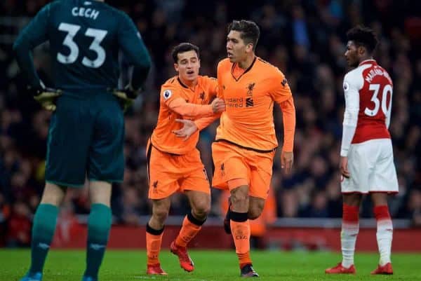 LONDON, ENGLAND - Friday, December 22, 2017: Liverpool's Roberto Firmino celebrates scoring the third goal to equalise the score at 3-3 with team-mate Philippe Coutinho Correia during the FA Premier League match between Arsenal and Liverpool at the Emirates Stadium. (Pic by David Rawcliffe/Propaganda)