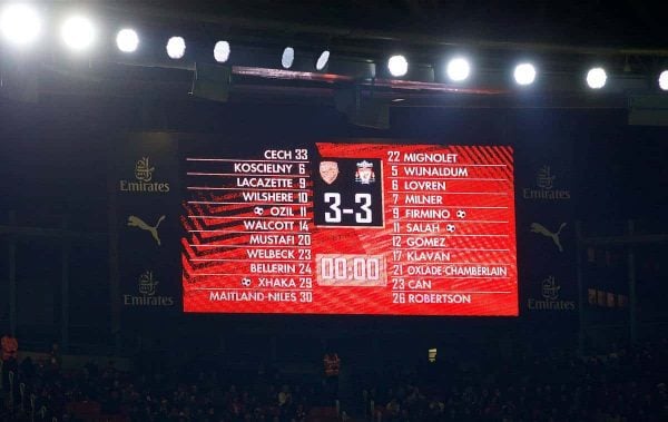 LONDON, ENGLAND - Friday, December 22, 2017: The scoreboard records the 3-3 draw during the FA Premier League match between Arsenal and Liverpool at the Emirates Stadium. (Pic by David Rawcliffe/Propaganda)