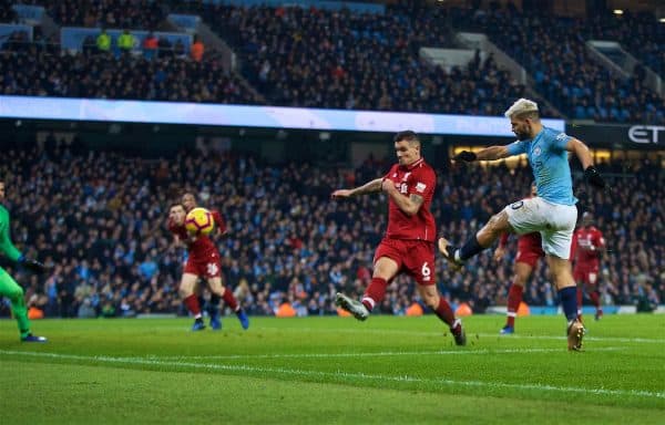 MANCHESTER, ENGLAND - Thursday, January 3, 2019: Manchester City's Sergio Aguero scores the first goal during the FA Premier League match between Manchester City FC and Liverpool FC at the Etihad Stadium. (Pic by David Rawcliffe/Propaganda)