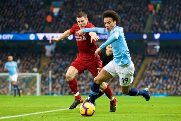 MANCHESTER, ENGLAND - Thursday, January 3, 2019: Liverpool's captain James Milner (R) and Manchester City's Leroy Sane (L) during the FA Premier League match between Manchester City FC and Liverpool FC at the Etihad Stadium. (Pic by David Rawcliffe/Propaganda)