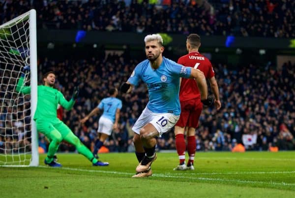 MANCHESTER, ENGLAND - Thursday, January 3, 2019: Manchester City's Sergio Aguero celebrates scoring the first goal during the FA Premier League match between Manchester City FC and Liverpool FC at the Etihad Stadium. (Pic by David Rawcliffe/Propaganda)