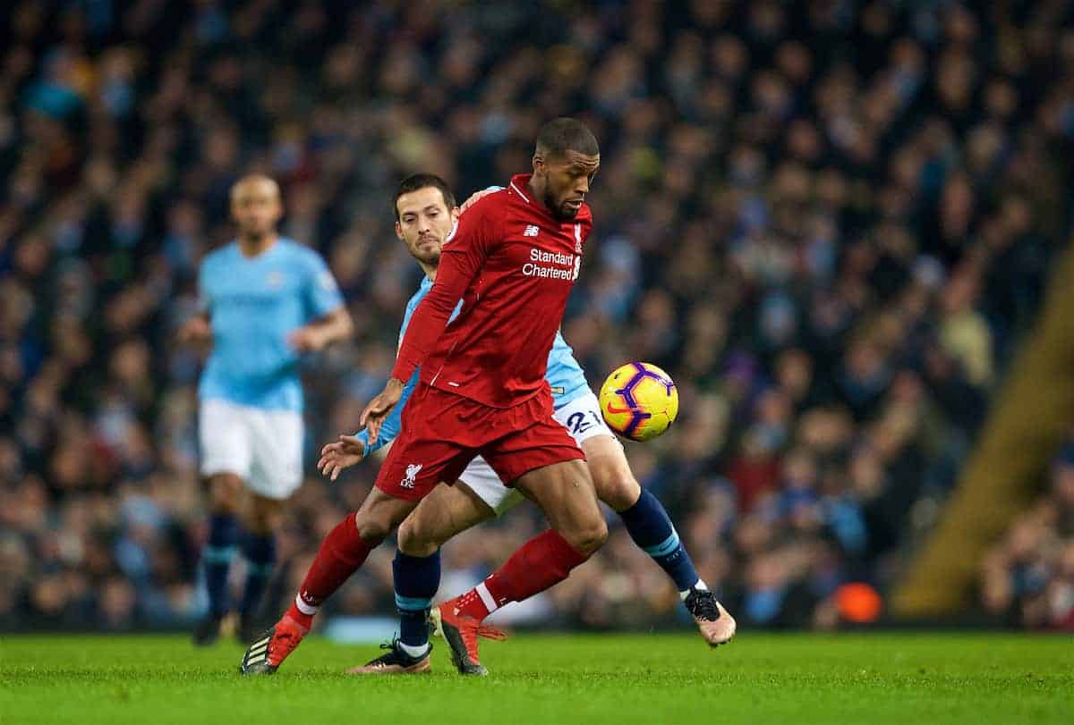 MANCHESTER, ENGLAND - Thursday, January 3, 2019: Liverpool's Georginio Wijnaldum (R) and Manchester City's David Silva during the FA Premier League match between Manchester City FC and Liverpool FC at the Etihad Stadium. (Pic by David Rawcliffe/Propaganda)