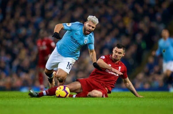 MANCHESTER, ENGLAND - Thursday, January 3, 2019: Manchester City's Sergio Aguero (L) and Liverpool's Dejan Lovren during the FA Premier League match between Manchester City FC and Liverpool FC at the Etihad Stadium. (Pic by David Rawcliffe/Propaganda)