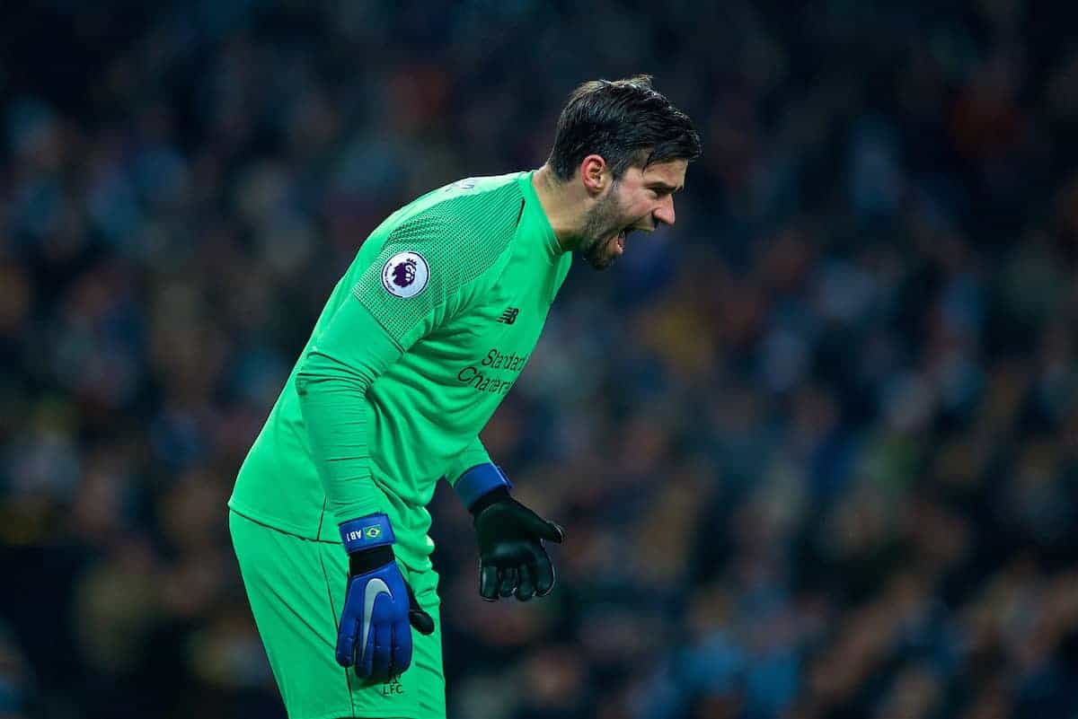 MANCHESTER, ENGLAND - Thursday, January 3, 2019: Liverpool's goalkeeper Alisson Becker looks dejected during the FA Premier League match between Manchester City FC and Liverpool FC at the Etihad Stadium. (Pic by David Rawcliffe/Propaganda)