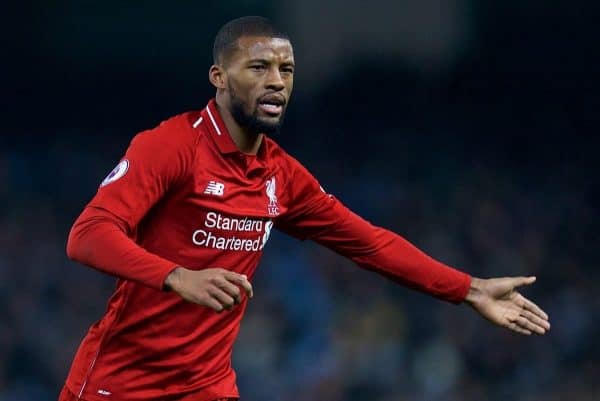 MANCHESTER, ENGLAND - Thursday, January 3, 2019: Liverpool's Georginio Wijnaldum during the FA Premier League match between Manchester City FC and Liverpool FC at the Etihad Stadium. (Pic by David Rawcliffe/Propaganda)