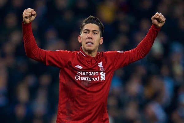 MANCHESTER, ENGLAND - Thursday, January 3, 2019: Liverpool's Roberto Firmino celebrates scoring the first equalising goal during the FA Premier League match between Manchester City FC and Liverpool FC at the Etihad Stadium. (Pic by David Rawcliffe/Propaganda)