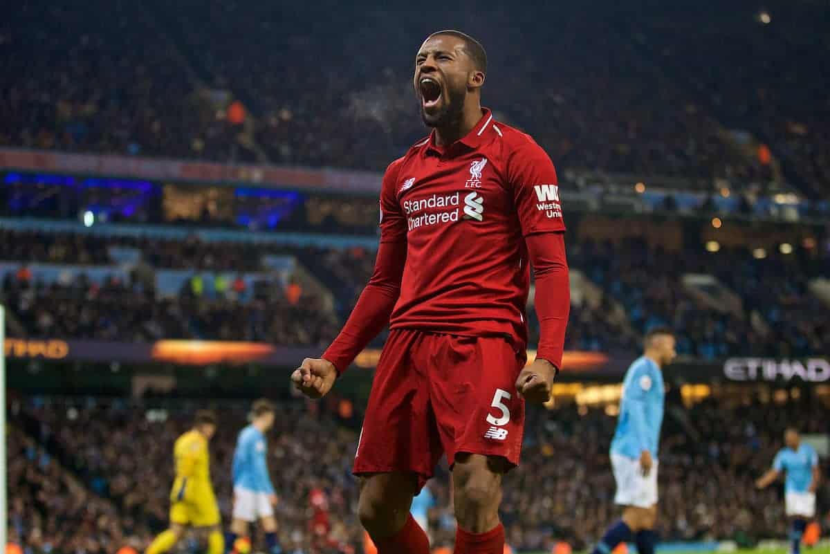 MANCHESTER, ENGLAND - Thursday, January 3, 2019: Liverpool's Georginio Wijnaldum celebrates his side first equalising goal during the FA Premier League match between Manchester City FC and Liverpool FC at the Etihad Stadium. (Pic by David Rawcliffe/Propaganda)