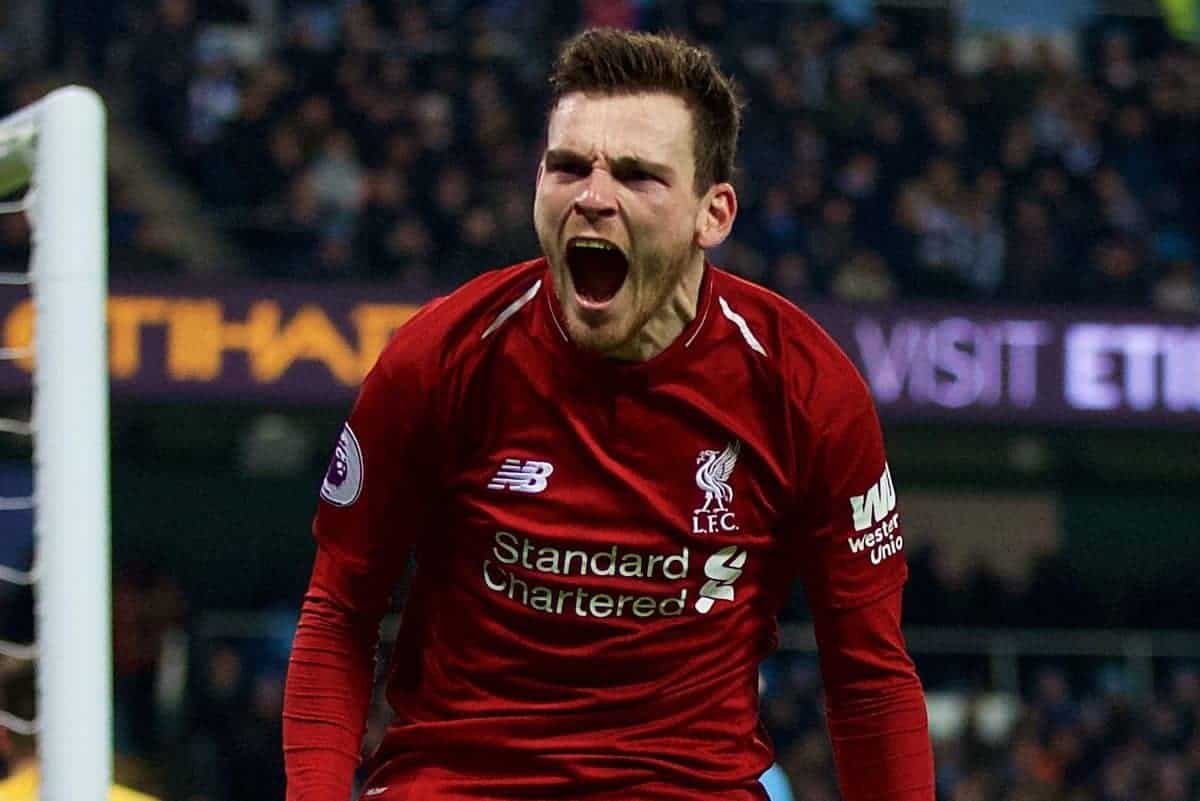 MANCHESTER, ENGLAND - Thursday, January 3, 2019: Liverpool's Andy Robertson celebrates his side first equalising goal during the FA Premier League match between Manchester City FC and Liverpool FC at the Etihad Stadium. (Pic by David Rawcliffe/Propaganda)