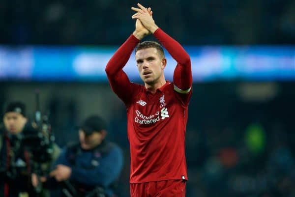 MANCHESTER, ENGLAND - Thursday, January 3, 2019: Liverpool's captain Jordan Henderson applauds the supporters after 2-1 defeat from Manchester City during the FA Premier League match between Manchester City FC and Liverpool FC at the Etihad Stadium. (Pic by David Rawcliffe/Propaganda)