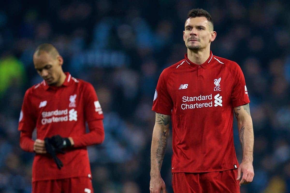 MANCHESTER, ENGLAND - Thursday, January 3, 2019: Liverpool's Dejan Lovren looks dejected after the FA Premier League match between Manchester City FC and Liverpool FC at the Etihad Stadium. Liverpool lost 1-2. (Pic by David Rawcliffe/Propaganda)