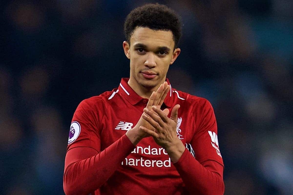 MANCHESTER, ENGLAND - Thursday, January 3, 2019: Liverpool's Trent Alexander-Arnold applauds the supporters after the FA Premier League match between Manchester City FC and Liverpool FC at the Etihad Stadium. Manchester City won 2-1. (Pic by David Rawcliffe/Propaganda)