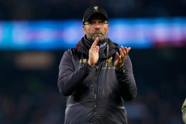 MANCHESTER, ENGLAND - Thursday, January 3, 2019: Liverpool's manager Jürgen Klopp applauds the supporters after the FA Premier League match between Manchester City FC and Liverpool FC at the Etihad Stadium. Manchester City won 2-1. (Pic by David Rawcliffe/Propaganda)