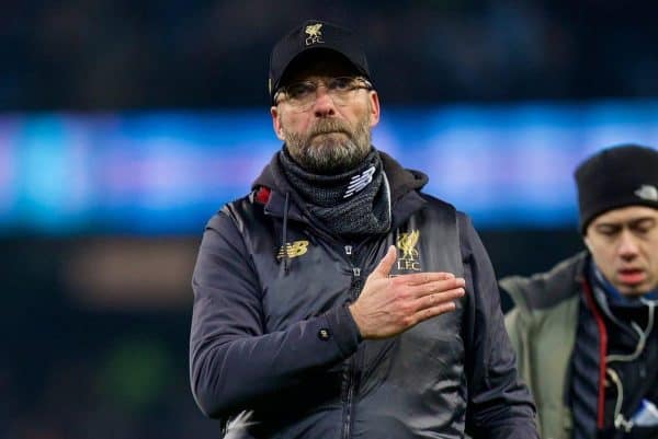 MANCHESTER, ENGLAND - Thursday, January 3, 2019: Liverpool's manager J¸rgen Klopp gestures to the supporters after the FA Premier League match between Manchester City FC and Liverpool FC at the Etihad Stadium. (Pic by David Rawcliffe/Propaganda)