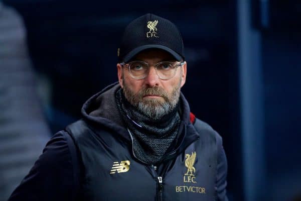 MANCHESTER, ENGLAND - Thursday, January 3, 2019: Liverpool's manager Jürgen Klopp before the FA Premier League match between Manchester City FC and Liverpool FC at the Etihad Stadium. (Pic by David Rawcliffe/Propaganda)