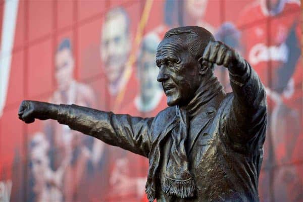 LIVERPOOL, ENGLAND - Sunday, January 14, 2018: A statue of former Liverpool manager Bill Shankly outside the Spion Kop before the FA Premier League match between Liverpool and Manchester City at Anfield. (Pic by David Rawcliffe/Propaganda)