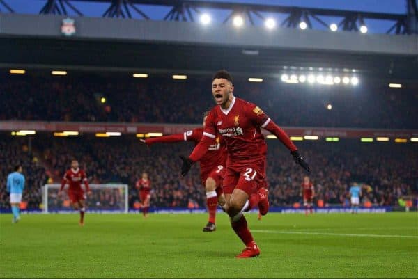 LIVERPOOL, ENGLAND - Sunday, January 14, 2018: Liverpool's Alex Oxlade-Chamberlain celebrates scoring the first goal during the FA Premier League match between Liverpool and Manchester City at Anfield. (Pic by David Rawcliffe/Propaganda)