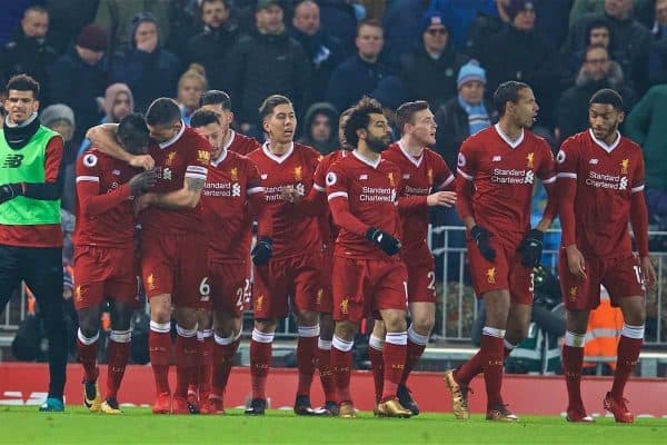 LIVERPOOL, ENGLAND - Sunday, January 14, 2018: Liverpool's Sadio Mane celebrates scoring the third goal during the FA Premier League match between Liverpool and Manchester City at Anfield. (Pic by David Rawcliffe/Propaganda)