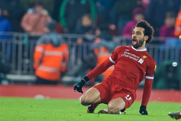 LIVERPOOL, ENGLAND - Sunday, January 14, 2018: Liverpool's Mohamed Salah celebrates scoring the fourth goal during the FA Premier League match between Liverpool and Manchester City at Anfield. (Pic by David Rawcliffe/Propaganda)