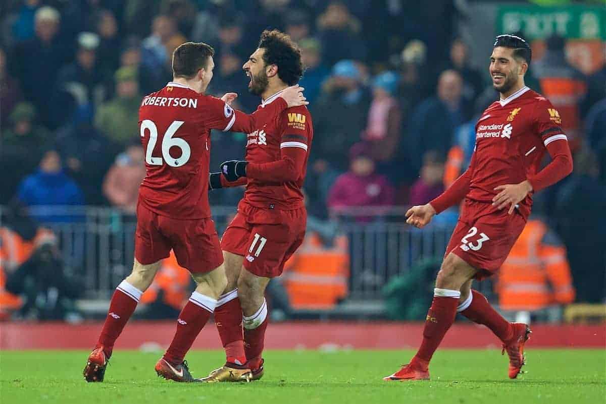 LIVERPOOL, ENGLAND - Sunday, January 14, 2018: Liverpool's Mohamed Salah celebrates scoring the fourth goal during the FA Premier League match between Liverpool and Manchester City at Anfield. (Pic by David Rawcliffe/Propaganda)