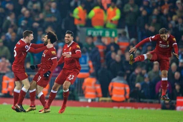 LIVERPOOL, ENGLAND - Sunday, January 14, 2018: Liverpool's Mohamed Salah celebrates scoring the fourth goal during the FA Premier League match between Liverpool and Manchester City at Anfield. (Pic by David Rawcliffe/Propaganda)