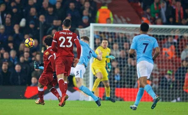 LIVERPOOL, ENGLAND - Sunday, January 14, 2018: Liverpool's Mohamed Salah scores the fourth goal during the FA Premier League match between Liverpool and Manchester City at Anfield. (Pic by David Rawcliffe/Propaganda)