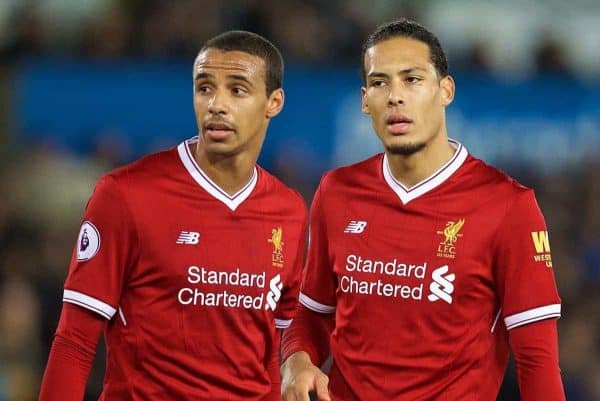 SWANSEA, WALES - Monday, January 22, 2018: Liverpool's Joel Matip and Virgil van Dijk during the FA Premier League match between Swansea City FC and Liverpool FC at the Liberty Stadium. (Pic by David Rawcliffe/Propaganda)