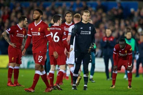 SWANSEA, WALES - Monday, January 22, 2018: Liverpool's goalkeeper Loris Karius looks dejected during the FA Premier League match between Swansea City FC and Liverpool FC at the Liberty Stadium. (Pic by David Rawcliffe/Propaganda)