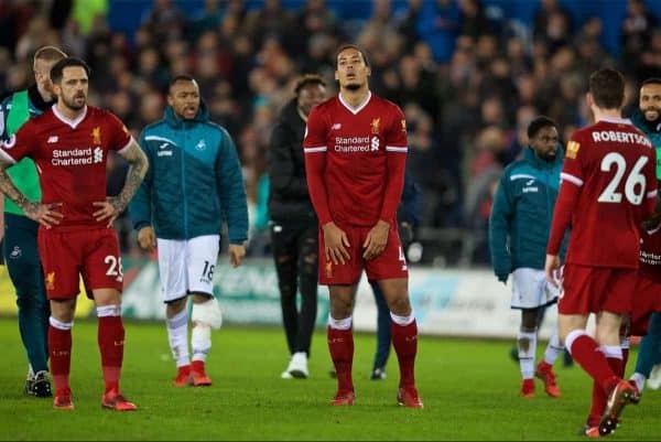 SWANSEA, WALES - Monday, January 22, 2018: Liverpool's Virgil van Dijk looks dejected during the FA Premier League match between Swansea City FC and Liverpool FC at the Liberty Stadium. (Pic by David Rawcliffe/Propaganda)