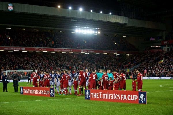 LIVERPOOL, ENGLAND - Sunday, January 14, 2018: Liverpool and West Bromwich Albion players shake hands beforec the FA Premier League match between Liverpool and Manchester City at Anfield. (Pic by David Rawcliffe/Propaganda)