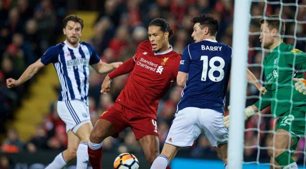 LIVERPOOL, ENGLAND - Sunday, January 14, 2018: Liverpool's Virgil van Dijk puts the ball into his own net but sees the own-goal goal disallowed during the FA Premier League match between Liverpool and Manchester City at Anfield. (Pic by David Rawcliffe/Propaganda)