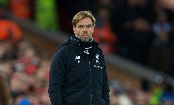 LIVERPOOL, ENGLAND - Sunday, January 14, 2018: Liverpool's manager J¸rgen Klopp during the FA Premier League match between Liverpool and Manchester City at Anfield. (Pic by David Rawcliffe/Propaganda)