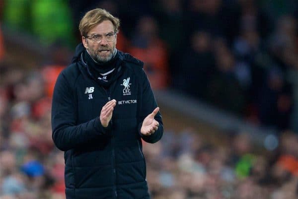 LIVERPOOL, ENGLAND - Sunday, January 14, 2018: Liverpool's Jurgen Klopp during the FA Premier League match between Liverpool and West Brom at Anfield. (Pic by David Rawcliffe/Propaganda)