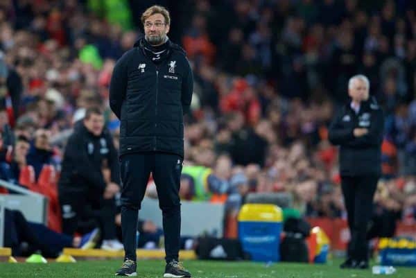 LIVERPOOL, ENGLAND - Sunday, January 14, 2018: Liverpool's manager Jürgen Klopp reacts during the FA Premier League match between Liverpool and Manchester City at Anfield. (Pic by David Rawcliffe/Propaganda)