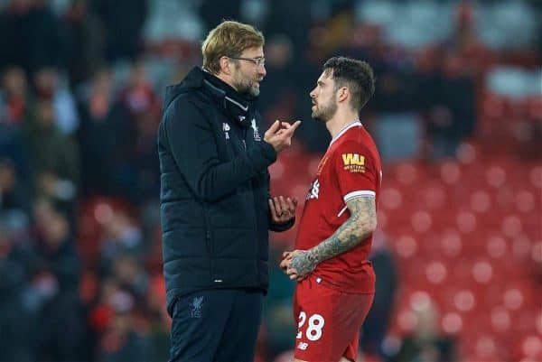 LIVERPOOL, ENGLAND - Sunday, January 14, 2018: Liverpool's manager Jürgen Klopp and Danny Ings after the 2-3 defeat during the FA Premier League match between Liverpool and Manchester City at Anfield. (Pic by David Rawcliffe/Propaganda)