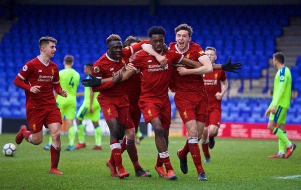 BIRKENHEAD, ENGLAND - Sunday, January 28, 2018: Liverpool's Oviemuno Ovie Ejaria celebrates scoring the first goal during the Under-23 FA Premier League 2 Division 1 match between Liverpool and Derby County at Prenton Park. (Pic by David Rawcliffe/Propaganda)