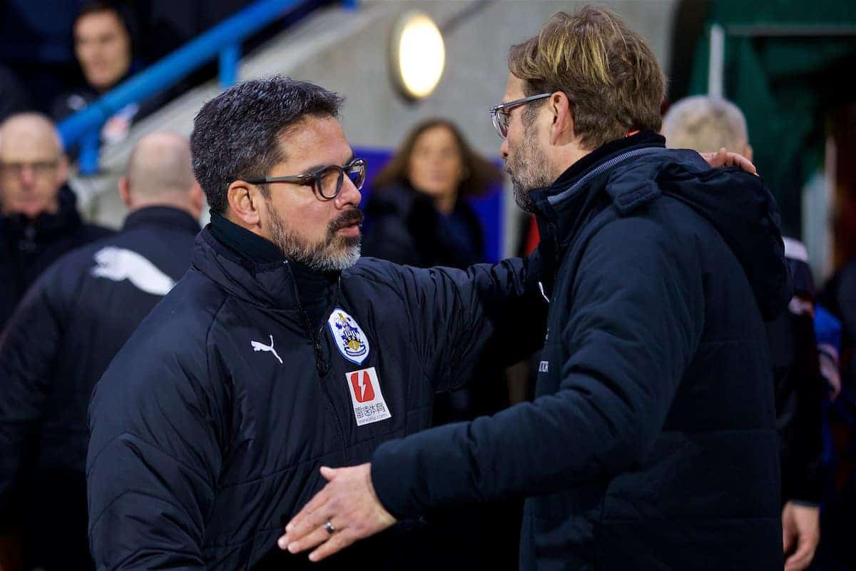 HUDDERSFIELD, ENGLAND - Tuesday, January 30, 2018: Liverpool's manager Jürgen Klopp and Huddersfield Town's manager David Wagner before the FA Premier League match between Huddersfield Town FC and Liverpool FC at the John Smith's Stadium. (Pic by David Rawcliffe/Propaganda)