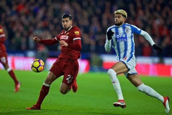 HUDDERSFIELD, ENGLAND - Tuesday, January 30, 2018: Liverpool's Emre Can and Huddersfield Town's Philip Billing during the FA Premier League match between Huddersfield Town FC and Liverpool FC at the John Smith's Stadium. (Pic by David Rawcliffe/Propaganda)