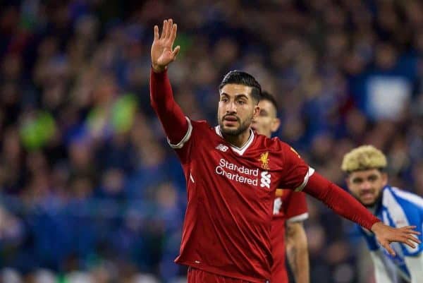 HUDDERSFIELD, ENGLAND - Tuesday, January 30, 2018: Liverpool's Emre Can during the FA Premier League match between Huddersfield Town FC and Liverpool FC at the John Smith's Stadium. (Pic by David Rawcliffe/Propaganda)